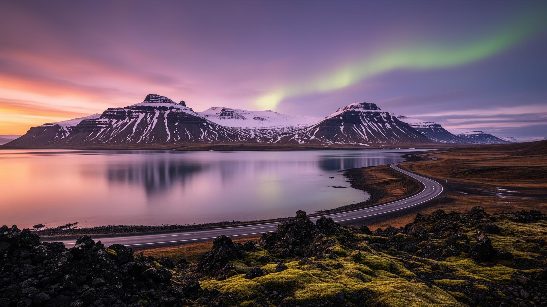 Icelandic coastal road with mountains and dramatic sky