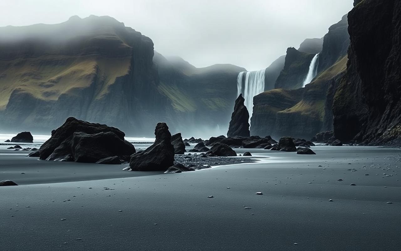 Iceland South Coast black sand beach with sea stacks and a distant waterfall