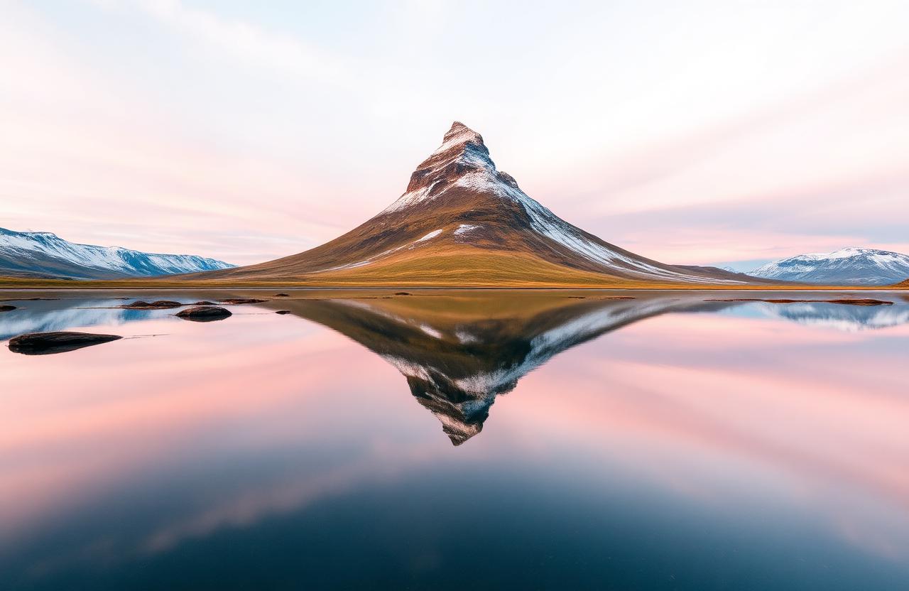 Kirkjufell mountain reflected in calm water at golden hour, Snæfellsnes peninsula