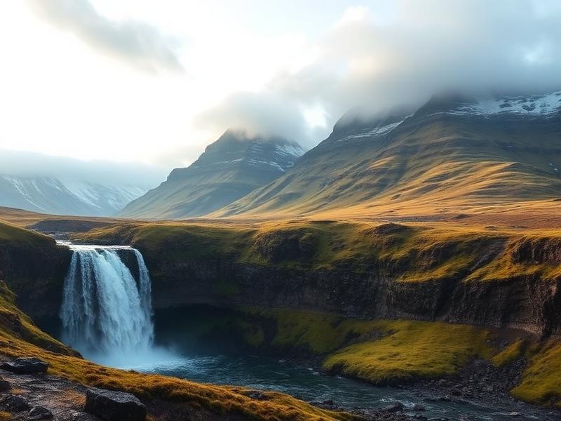 Icelandic waterfall and mossy mountains under soft light