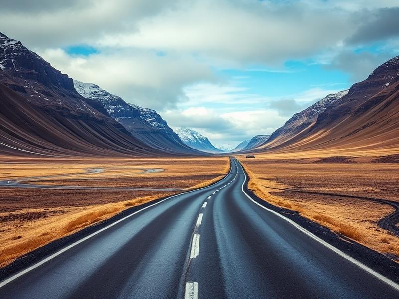 Open road through dramatic Icelandic landscape